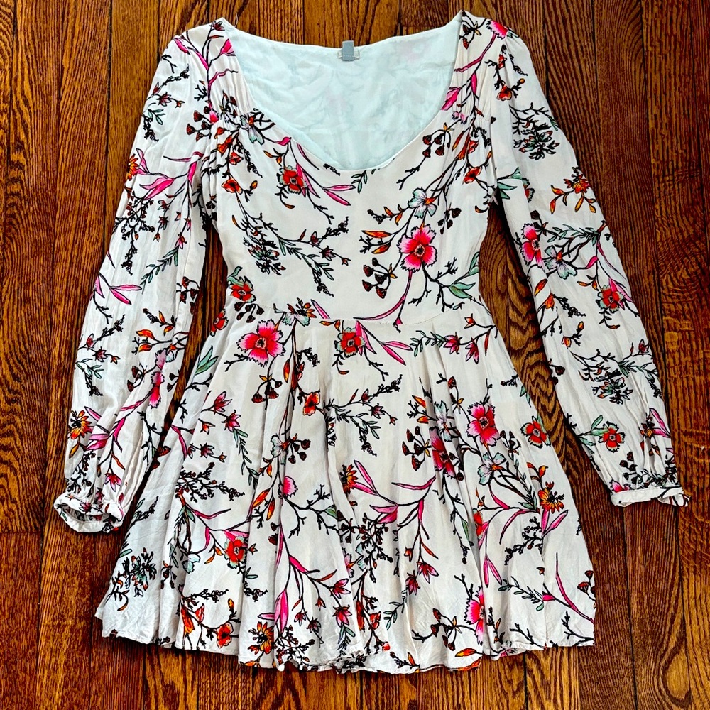 White Floral Long-Sleeve Skater Dress with Pink & Orange Flowers